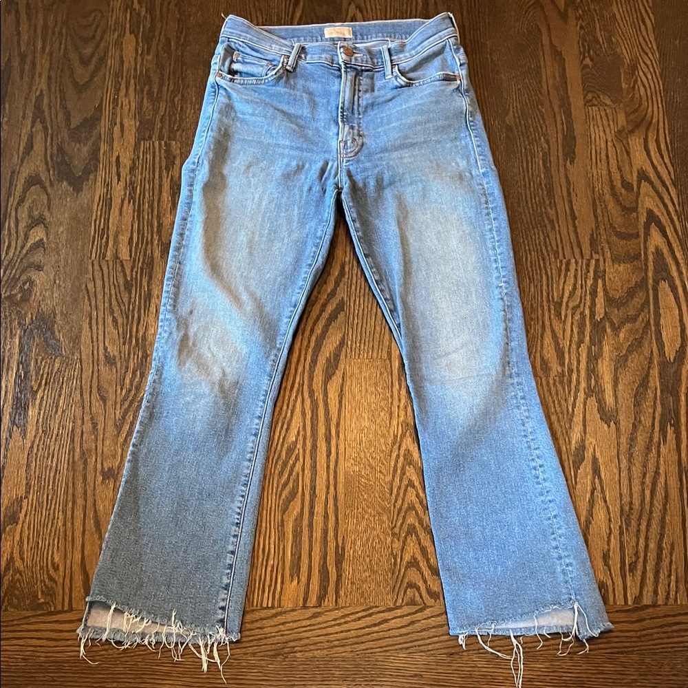 MOTHER Light Blue Frayed Hem Flare Jeans